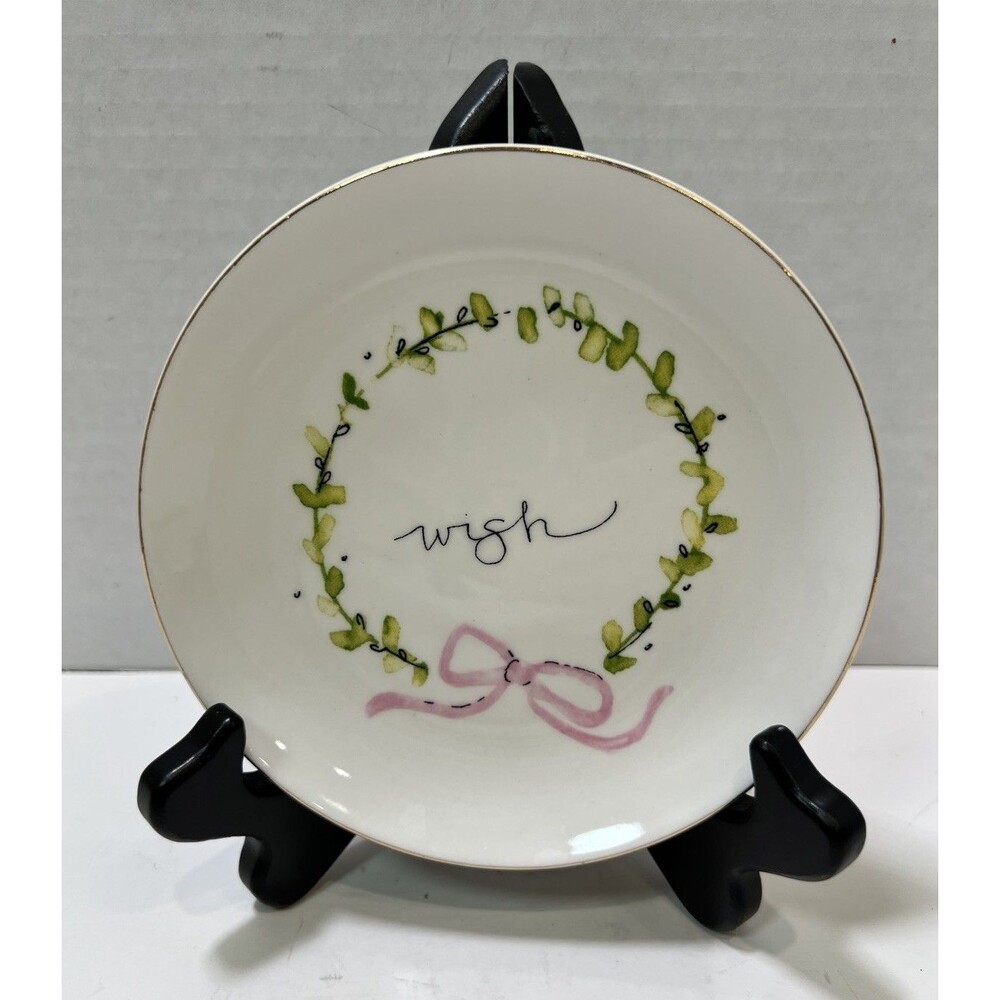 Jenny Parkhurst 5” round Stoneware Plate Wish Pink Ribbon Green Leaves Wreath